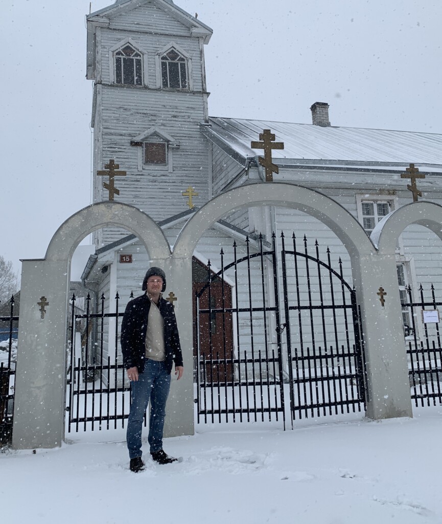 Viktor Bronner outside an Old Believer Church in Eastern Estonia